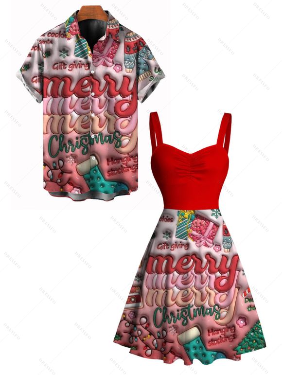 Holiday Couple Outfit Merry Christmas Gift Print Dress and Shirt Set - Rouge S | US 4