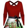 Robe de Noël colorblock à imprimé bonhomme de neige et flocons de neige, ceinture croisée - Rouge Vineux XXXXXL | US 20