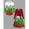 Christmas Couple Outfit Colorblock Snowman Snowflake Print Belt Dress and Shirt Set - Rouge Vineux S | US 4