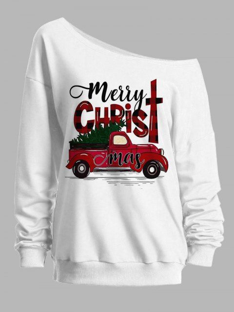 Sweat-shirt à col asymétrique, motif sapin de Noël, carreaux, lettres, imprimé voiture