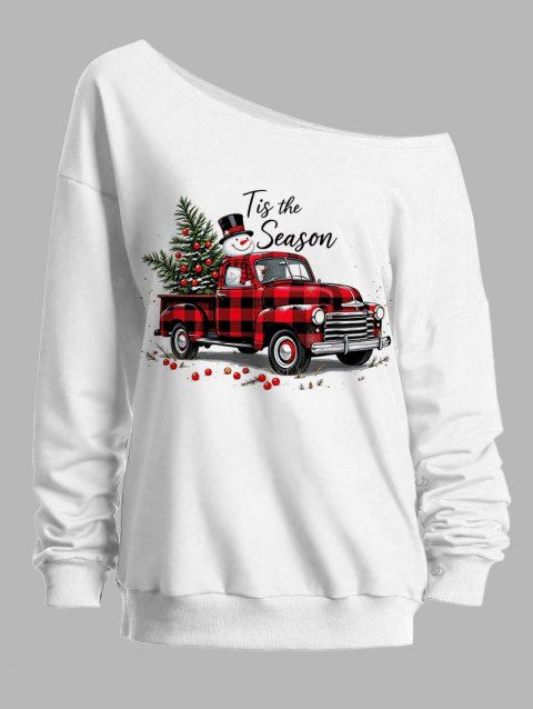 Sweat-shirt à col asymétrique à carreaux, motif voiture, sapin de Noël et bonhomme de neige.