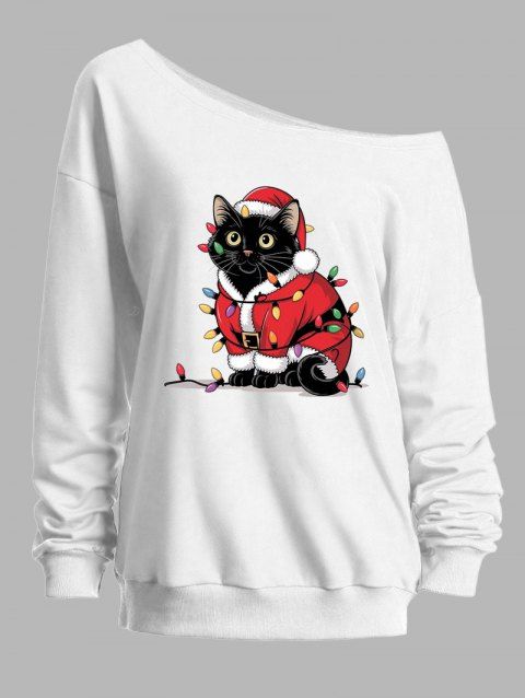 Sweat-shirt à col asymétrique avec motif chat et chaînettes éclair