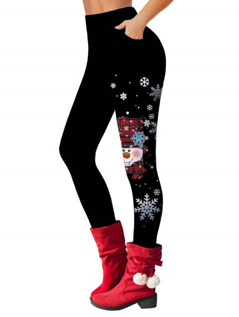 Leggings de Noël avec chapeau à carreaux bonhomme de neige et imprimé flocons de neige, taille élastique