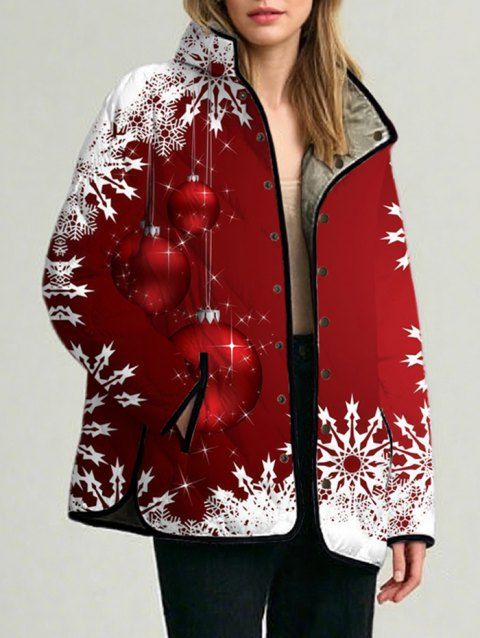 Manteau de Noël rembourré en coton, à poches, imprimé flocons de neige et clochettes, colorblock