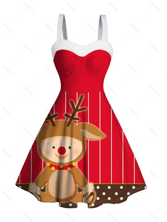 Robe de Noël à rayures et pois en fausse fourrure avec motif d'élan - Rouge XXXXXL | US 20