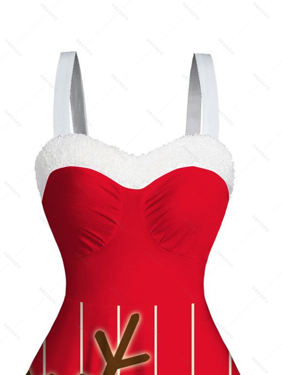 Robe de Noël à rayures et pois en fausse fourrure avec motif d'élan - Rouge XXXXXL | US 20