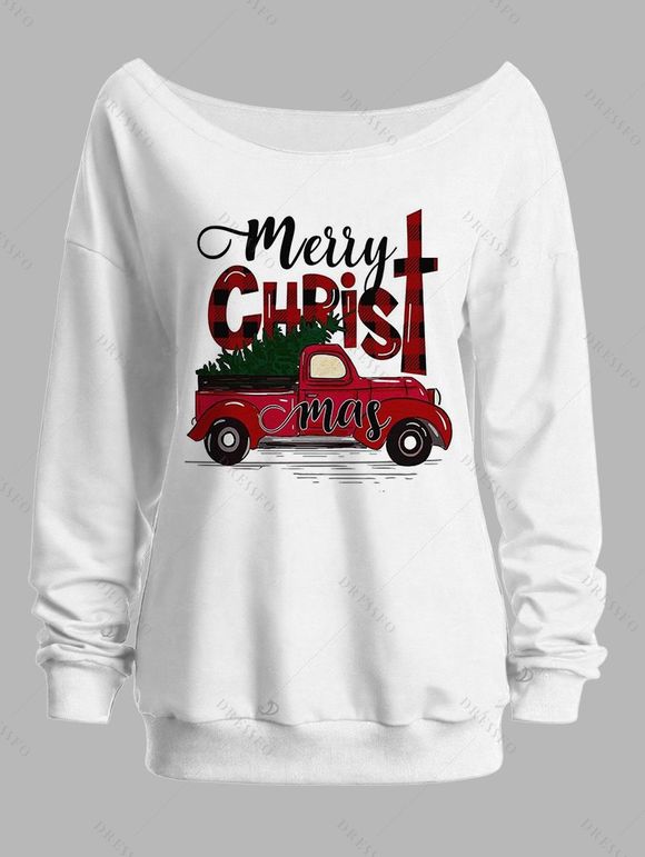 Sweat-shirt à col asymétrique, motif sapin de Noël, carreaux, lettres, imprimé voiture - Blanc XXL | US 14