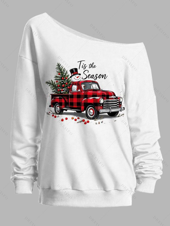 Sweat-shirt à col asymétrique à carreaux, motif voiture, sapin de Noël et bonhomme de neige. - Blanc XXL | US 14