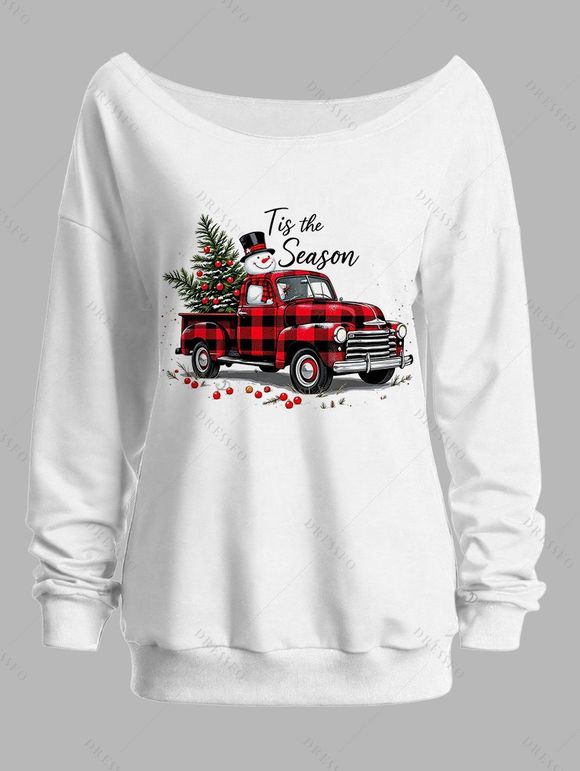 Sweat-shirt à col asymétrique à carreaux, motif voiture, sapin de Noël et bonhomme de neige. - Blanc XXL | US 14