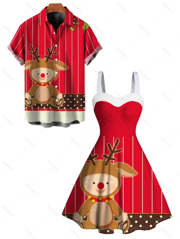 Christmas Couple Outfit Elk Striped Polka Dots Print Faux Fur Dress and Shirt Set - Rouge S | US 4