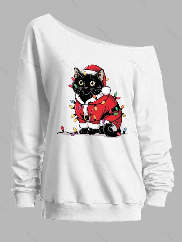 Sweat-shirt à col asymétrique avec motif chat et chaînettes éclair - Blanc XXL | US 14