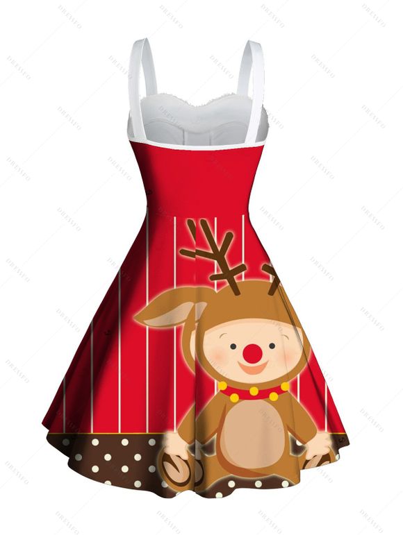 Christmas Couple Outfit Elk Striped Polka Dots Print Faux Fur Dress and Shirt Set - Rouge S | US 4