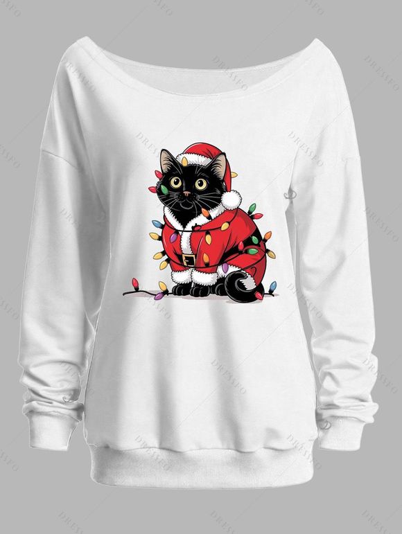 Sweat-shirt à col asymétrique avec motif chat et chaînettes éclair - Blanc XXL | US 14