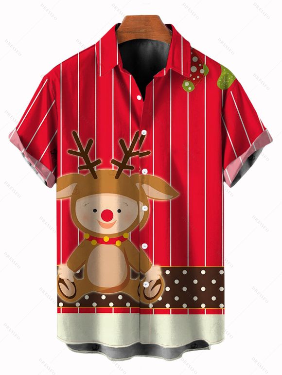 Christmas Couple Outfit Elk Striped Polka Dots Print Faux Fur Dress and Shirt Set - Rouge S | US 4