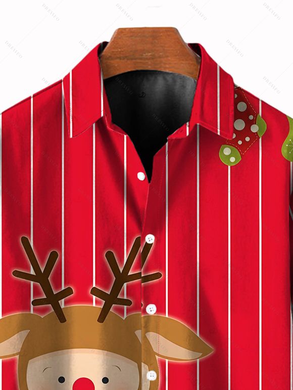 Chemise de Noël pour homme, imprimé élan, rayures et pois, boutonnée - Rouge 5XL