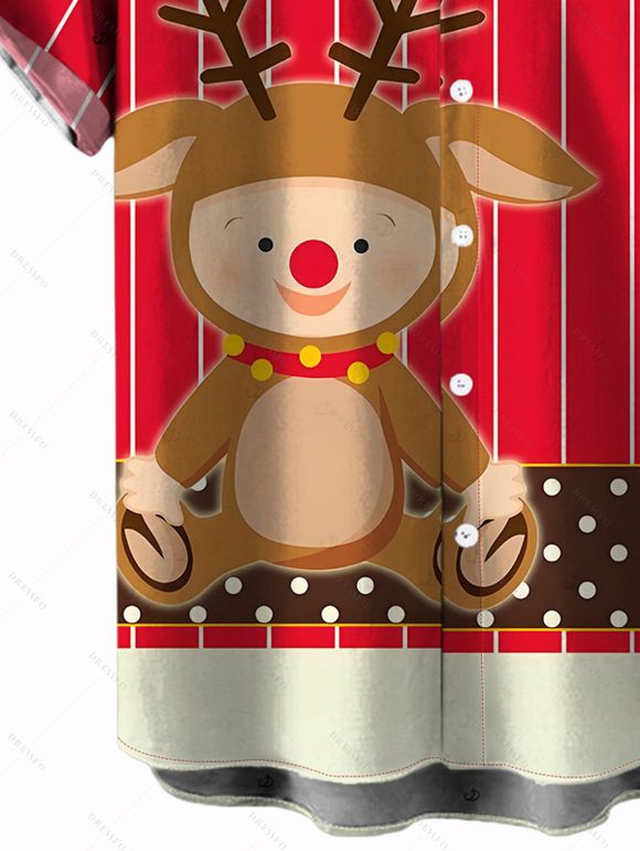 Chemise de Noël pour homme, imprimé élan, rayures et pois, boutonnée - Rouge 5XL