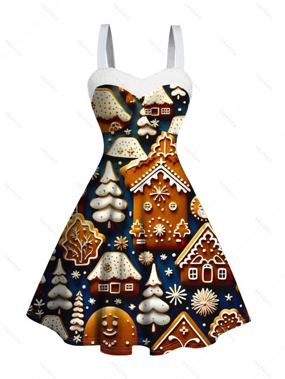 Robe de fête imprimée sapin de Noël et flocons de neige, en fausse fourrure - Noir XXXXXL | US 20