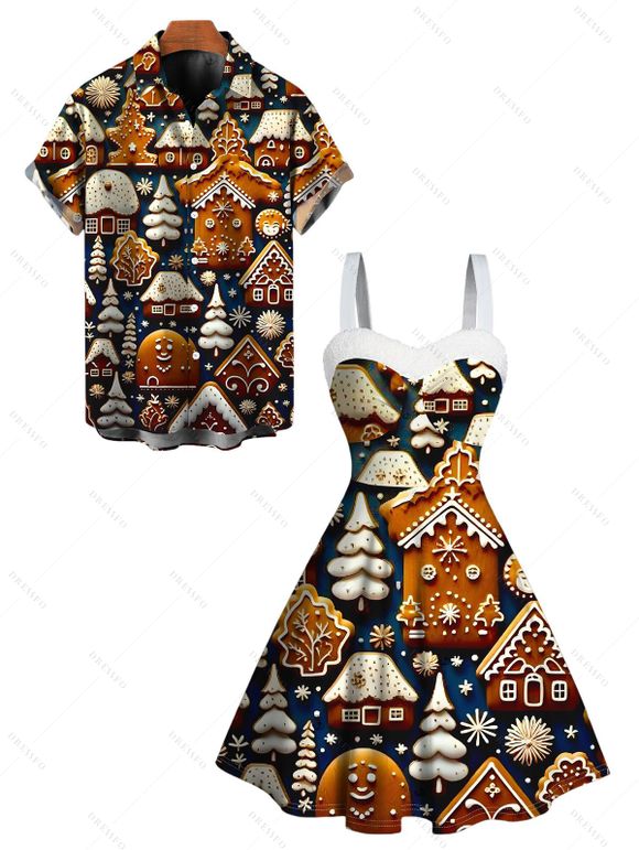 Couple Outfit Christmas Tree Snowflake Elements Printed Faux Fur Dress and Shirt Set - Noir S | US 4