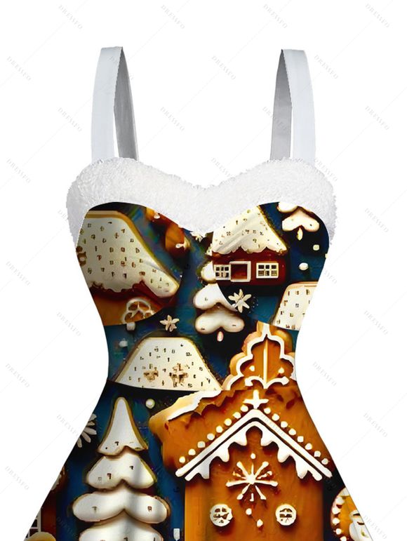 Couple Outfit Christmas Tree Snowflake Elements Printed Faux Fur Dress and Shirt Set - Noir S | US 4