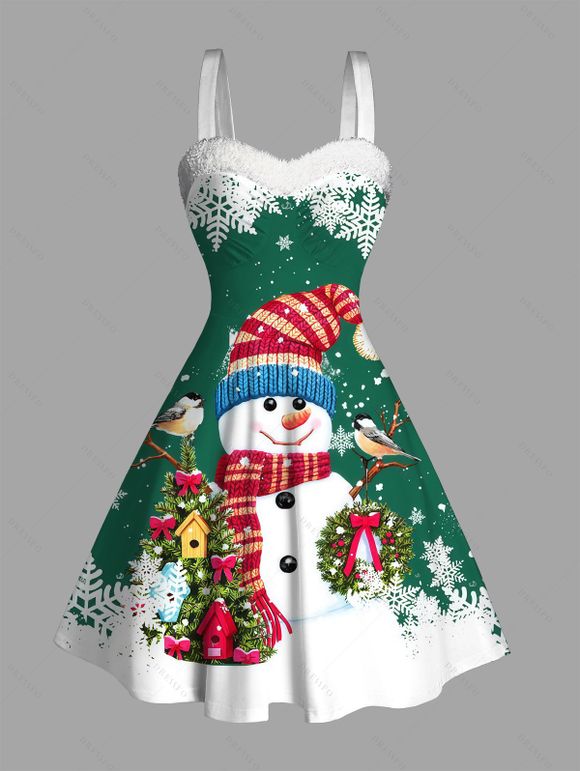 Robe de fête imprimée sapin de Noël, bonhomme de neige et flocons de neige, en fausse fourrure - PLANT GREEN XXXXXL | US 20