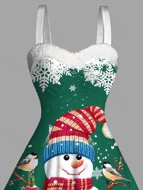 Robe de fête imprimée sapin de Noël, bonhomme de neige et flocons de neige, en fausse fourrure - PLANT GREEN XXXXXL | US 20