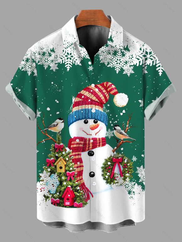 Chemise de Noël pour homme, imprimé sapin de Noël, bonhomme de neige et flocons de neige, à boutons - PLANT GREEN 5XL