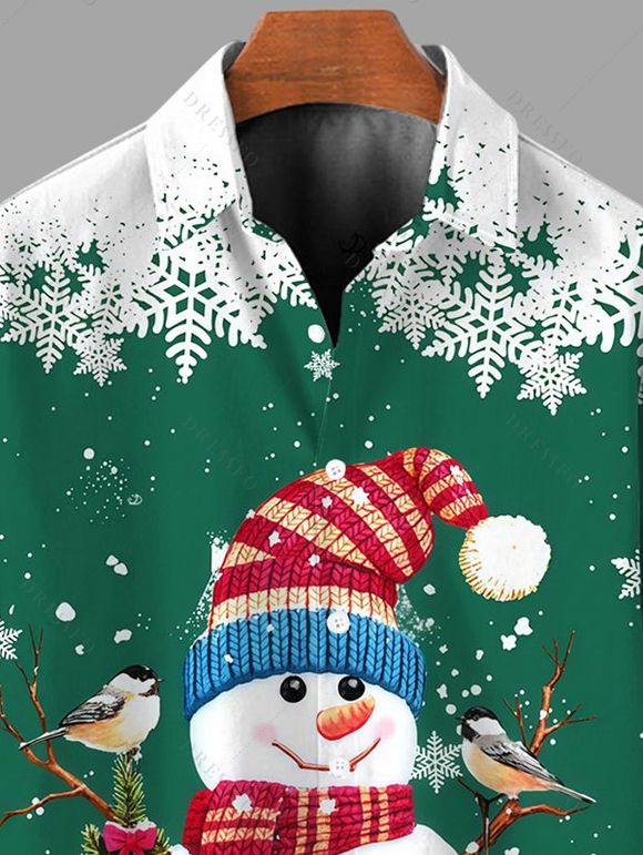 Chemise de Noël pour homme, imprimé sapin de Noël, bonhomme de neige et flocons de neige, à boutons - PLANT GREEN 5XL