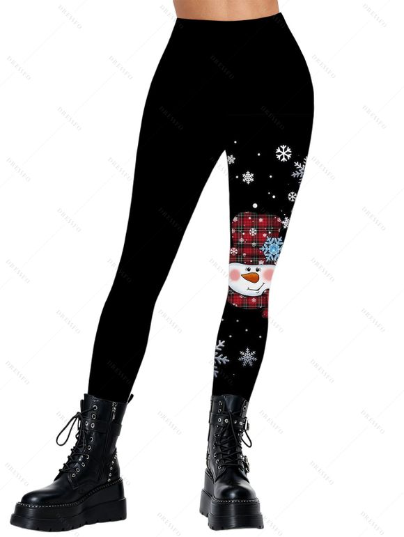 Leggings de Noël avec chapeau à carreaux bonhomme de neige et imprimé flocons de neige, taille élastique - Noir XXL | US 14