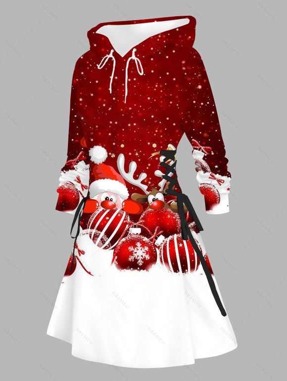 Robe sweat à capuche de Noël colorblock à imprimé élan, Père Noël et cloche, robe à lacets - Rouge Vineux XXXXXL | US 20