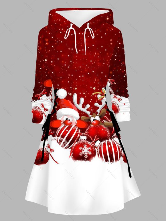 Robe sweat à capuche de Noël colorblock à imprimé élan, Père Noël et cloche, robe à lacets - Rouge Vineux XXXXXL | US 20