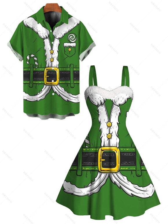 Christmas Couple Outfit 3D Print Faux Fur Dress and Shirt Set - PLANT GREEN S | US 4