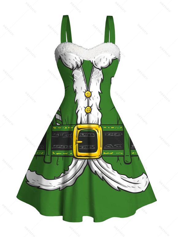 Christmas Couple Outfit 3D Print Faux Fur Dress and Shirt Set - PLANT GREEN S | US 4