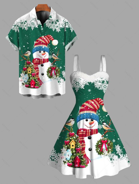 Couple Outfit Christmas Tree Snowman Snowflake Print Faux Fur Dress and Shirt Set - PLANT GREEN S | US 4