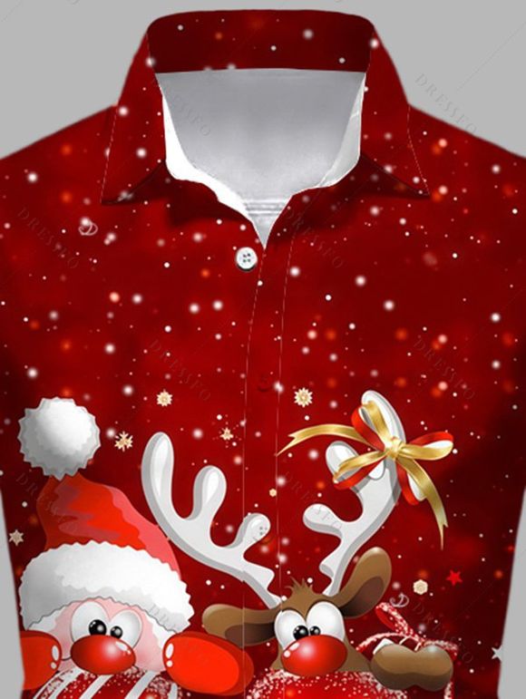 Chemise de Noël pour homme à manches longues, imprimé élan, Père Noël et clochette, colorblock - Rouge Vineux 5XL