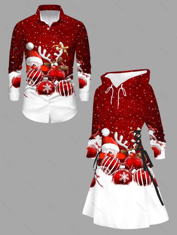 Christmas Couple Outfit Elk Santa Claus Bell Print Hoodie Dress and Shirt Set - Rouge Vineux S | US 4