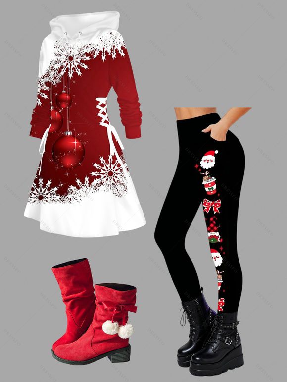 Christmas Outfit Bell Snowflake Print Hoodie Dress Leggings and Boots Set - Rouge S | US 4