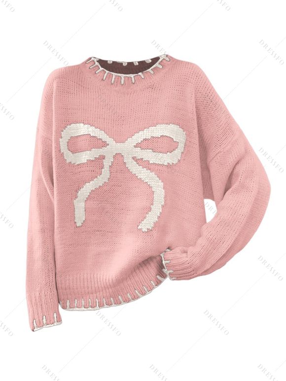 Pull Daily Sweater à manches longues imprimé jacquard et nœud papillon - Rose L | US 8