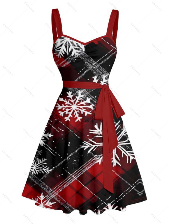 Robe de Noël à carreaux, imprimé flocon de neige, mini-robe froncée avec ceinture - Rouge XXL | US 14
