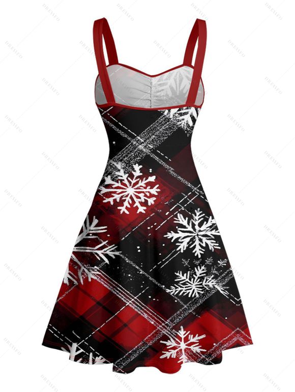 Robe de Noël à carreaux, imprimé flocon de neige, mini-robe froncée avec ceinture - Rouge XXL | US 14