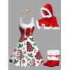 Women Outfit Christmas Tree Printed Faux Fur Dress Cape and Accessories Set Boots Set - Rouge S | US 4