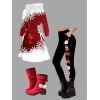 Christmas Outfit Bell Snowflake Print Hoodie Dress Leggings and Boots Set - Rouge S | US 4