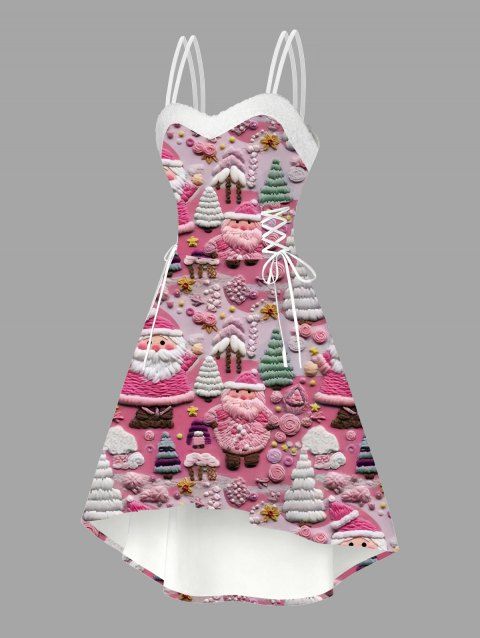 Robe de Noël imprimée sapin de Noël et Père Noël, à lacets et fausse fourrure asymétrique