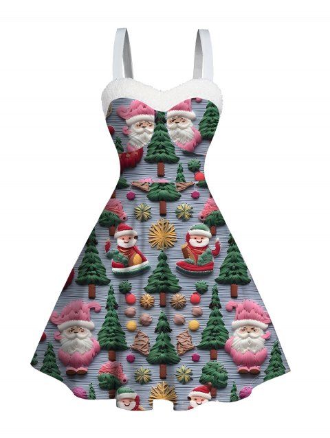 Robe de Noël imprimée sapin de Noël et Père Noël, mini-robe en fausse fourrure