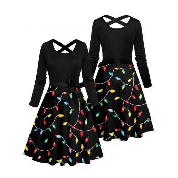 Christmas Dress Lightning Chains Print Crossover Belt Long Sleeve Dress