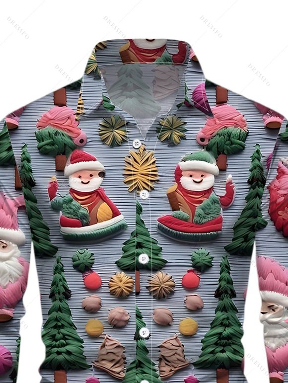 Chemise de Noël pour homme, manches longues, imprimé sapin de Noël et Père Noël - Bleu gris 5XL