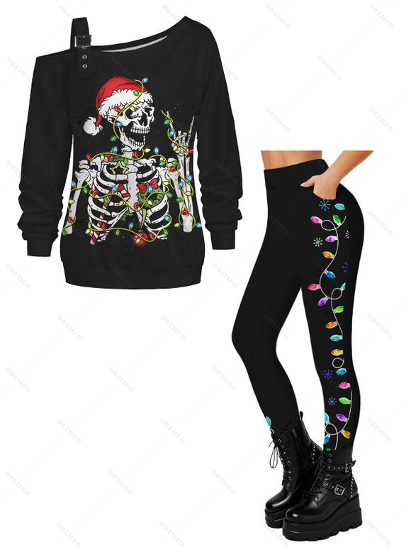 Women Outfit Skeleton Christmas Hat Print Buckle Sweatshirt and Lightning Chains Leggings Set - Noir S | US 4