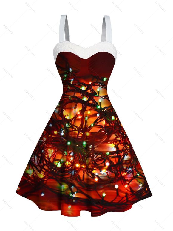 Robe de Noël mini en fausse fourrure imprimée chaînes d'éclairs - Rouge Vineux XXXXXL | US 20