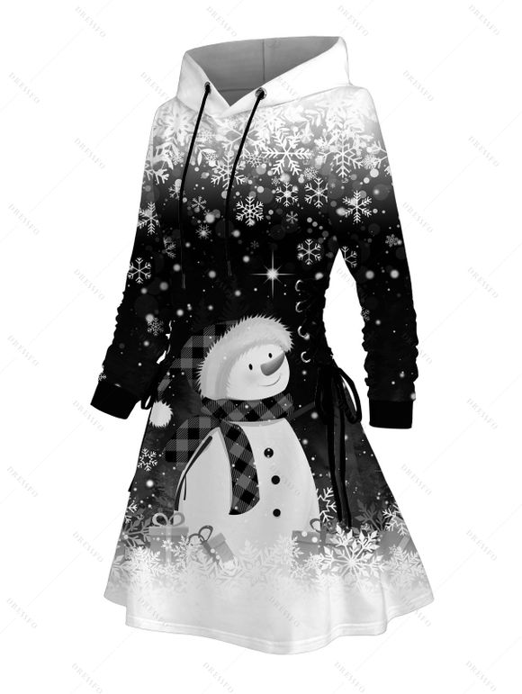 Robe sweat à capuche de Noël monochrome à imprimé flocons de neige et bonhommes de neige, robe à lacets - Noir XXXXXL | US 20