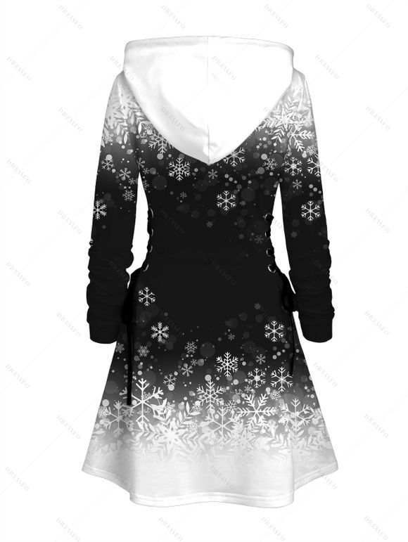 Robe sweat à capuche de Noël monochrome à imprimé flocons de neige et bonhommes de neige, robe à lacets - Noir XXXXXL | US 20