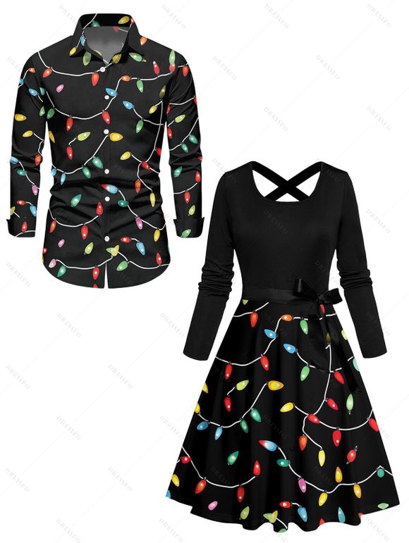 Christmas Couple Outfit Lightning Chains Print Crossover Belt Dress and Shirt Set - Noir S | US 4